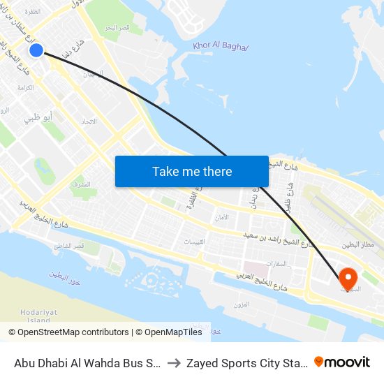 Abu Dhabi Al Wahda Bus Station to Zayed Sports City Stadium map