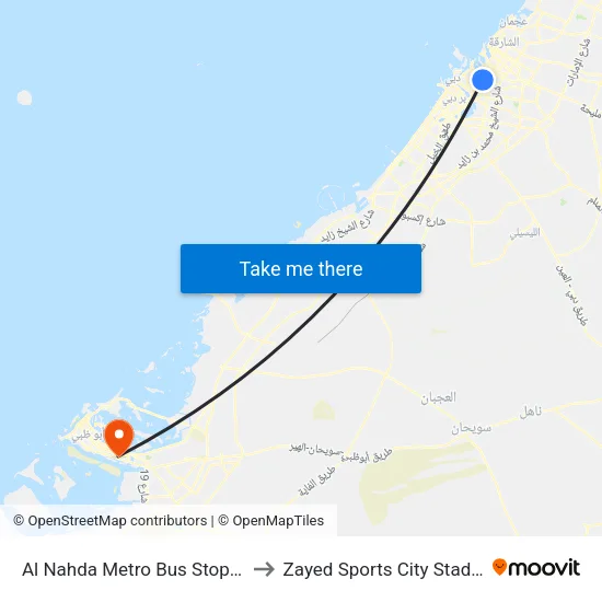 Al Nahda Metro Bus Stop - 02 to Zayed Sports City Stadium map