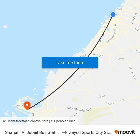 Sharjah, Al Jubail Bus Station - 01 to Zayed Sports City Stadium map