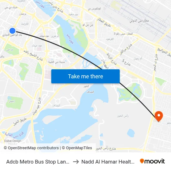 ADCB Metro Bus Stop Landside - 1 to Nadd Al Hamar Health Center map