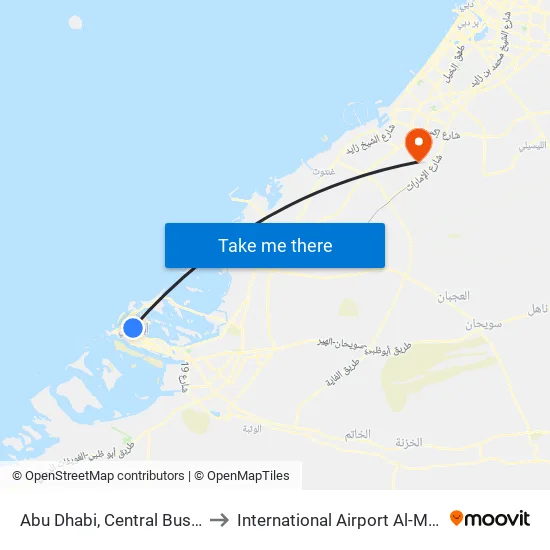 Abu Dhabi, Central Bus Station - 01 to International Airport Al-Maktoum(Dwc) map