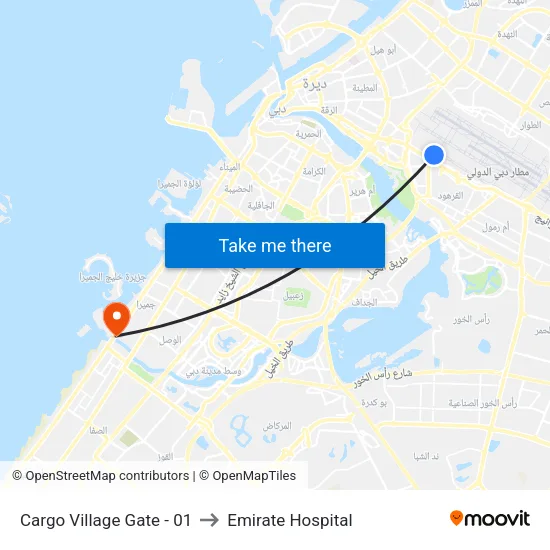 Cargo Village Gate - 01 to Emirates Hospital map