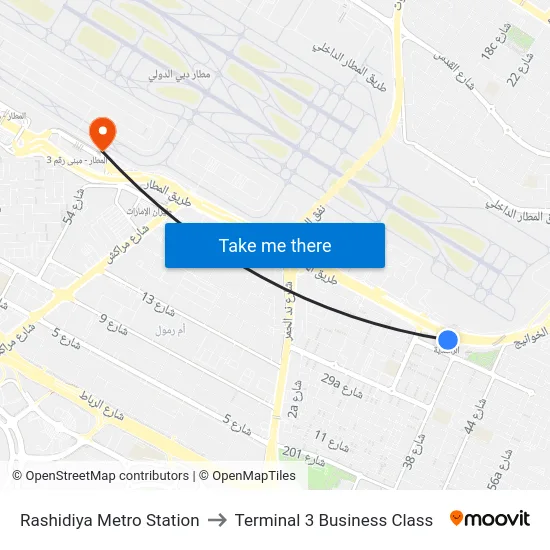 Rashidiya Metro Station to Terminal 3 Business Class map