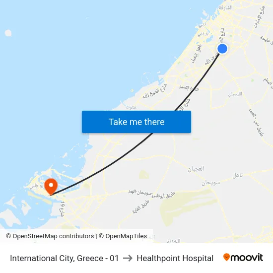 International City, Greece - 01 to Healthpoint Hospital map