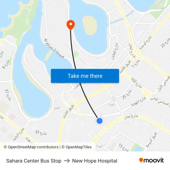 Sahara Center Bus Stop to New Hope Hospital map