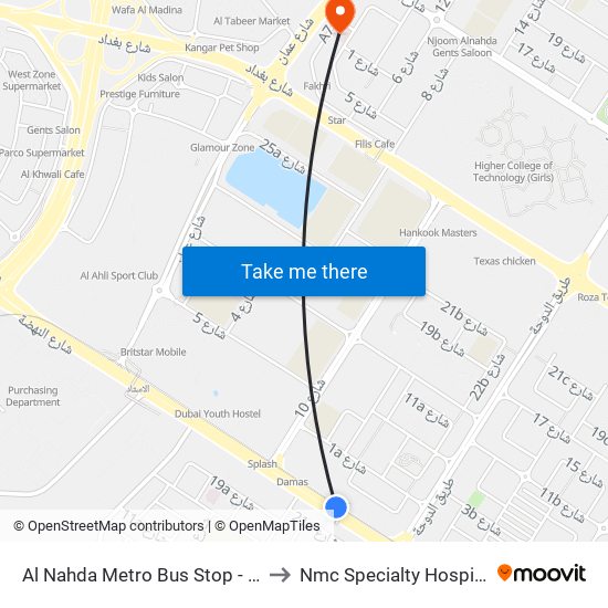 Al Nahda Metro Bus Stop - 02 to Nmc Specialty Hospital map