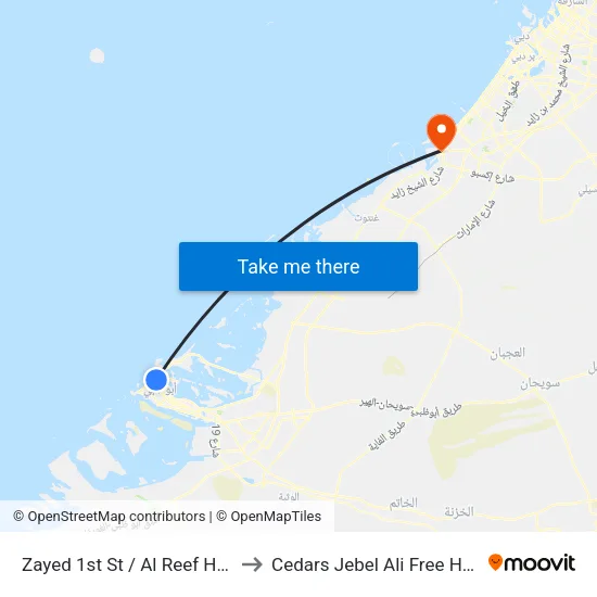 Zayed 1st St / Al Reef Hospital to Cedars Jebel Ali Free Hospital map