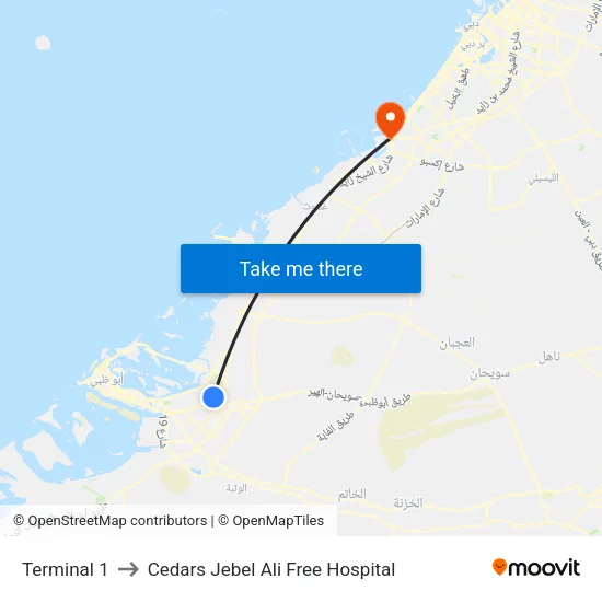 Terminal 1 to Cedars Jebel Ali Free Hospital map