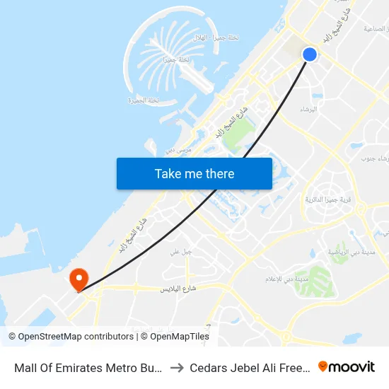 Mall of Emirates Metro Bus Stop - 05 to Cedars Jebel Ali Free Hospital map