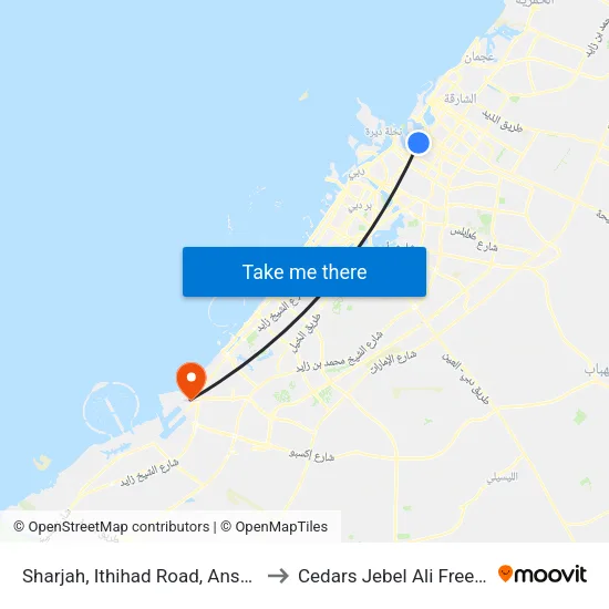 Sharjah, Ittihad Road, Ansar Mall - 02 to Cedars Jebel Ali Free Hospital map