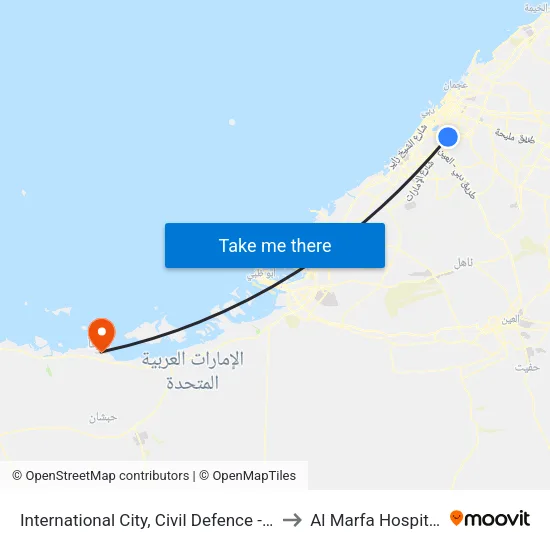 International City, Civil Defence - 1 to Al Marfa Hospital map