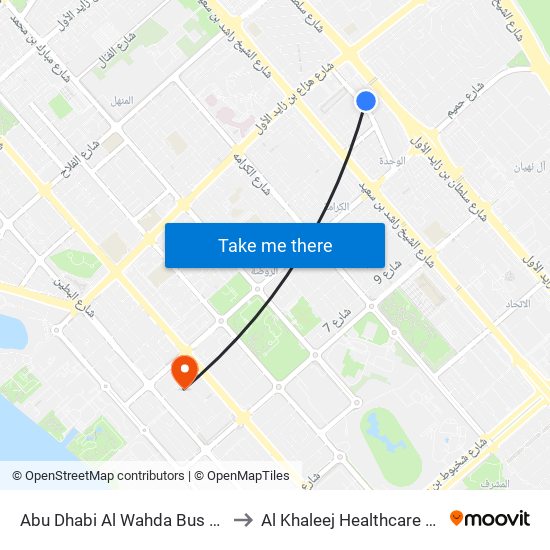 Abu Dhabi Al Wahda Bus Station to Al Khaleej Healthcare Center map