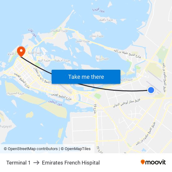 Terminal 1 to Emirates French Hispital map