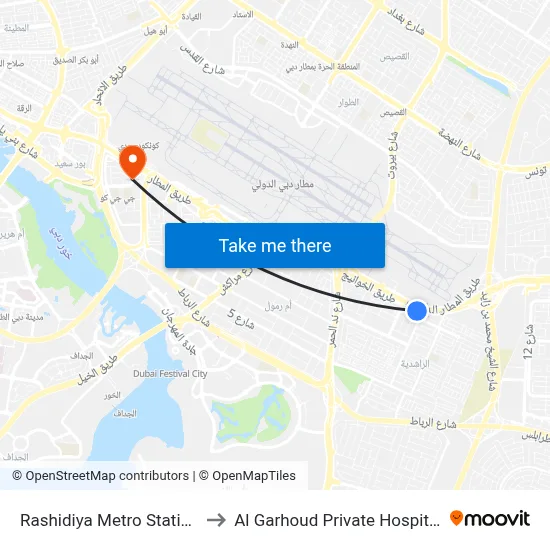 Rashidiya Metro Station to Al Garhoud Private Hospital map