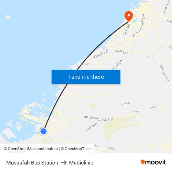 Mussafah Bus Station to Mediclinic map