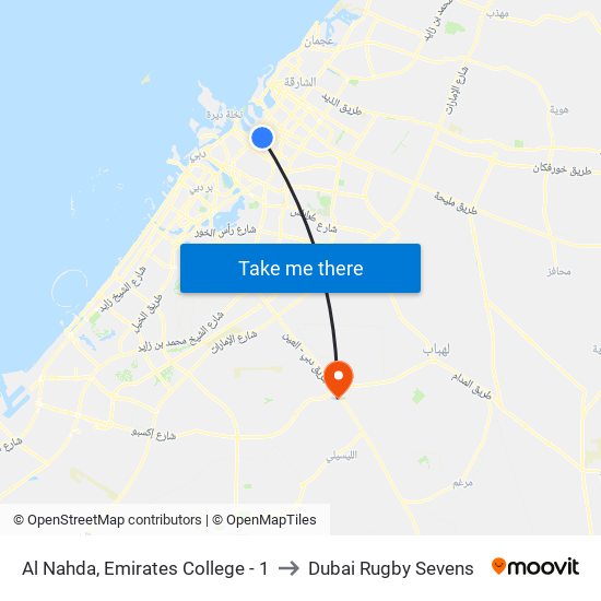 Al Nahda, Emirates College - 1 to Dubai Rugby Sevens map