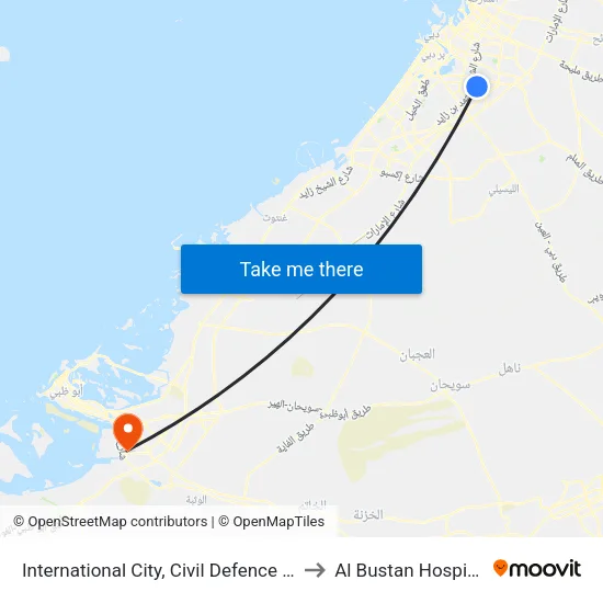 International City, Civil Defence - 1 to Al Bustan Hospital map