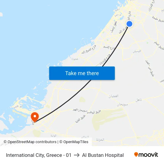 International City, Greece - 01 to Al Bustan Hospital map