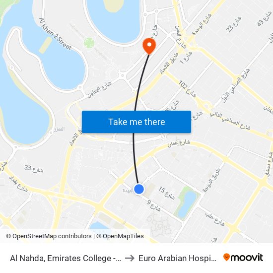 Al Nahda, Emirates College - 1 to Euro Arabian Hospital map