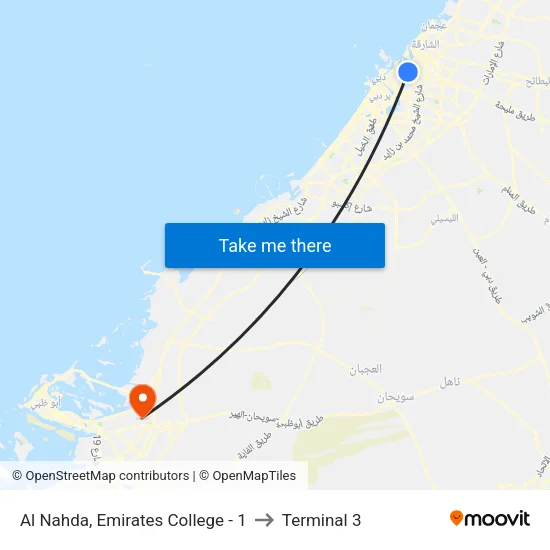 Al Nahda, Emirates College - 1 to Terminal 3 map