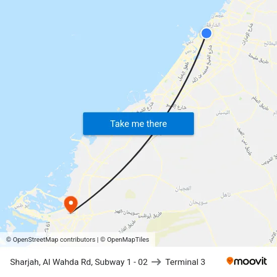 Sharjah, Al Wahda Rd, Subway 1 - 02 to Terminal 3 map