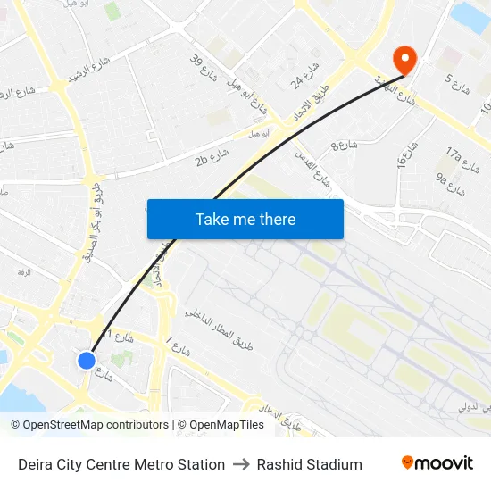 Deira City Centre Metro Station to Rashid Stadium map
