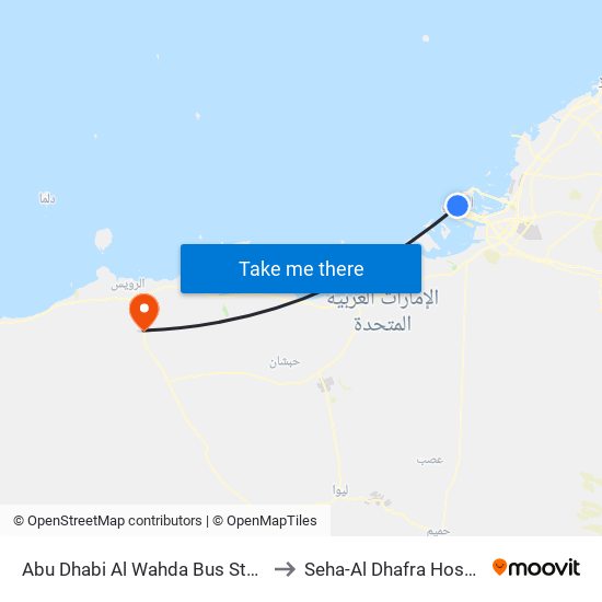 Abu Dhabi Al Wahda Bus Station to Seha-Al Dhafra Hospital map