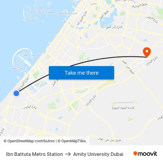 Ibn Battuta Metro Station to Amity University Dubai map