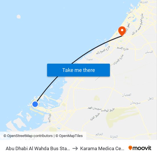 Abu Dhabi Al Wahda Bus Station to Karama Medica Centre map