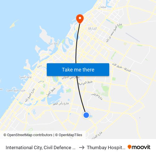 International City, Civil Defence - 1 to Thumbay Hospital map