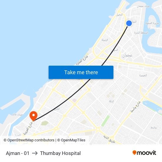 Ajman - 01 to Thumbay Hospital map