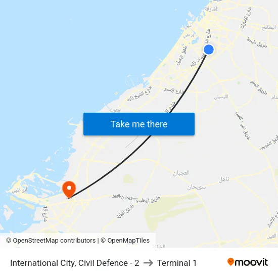 International City, Civil Defence - 2 to Terminal 1 map