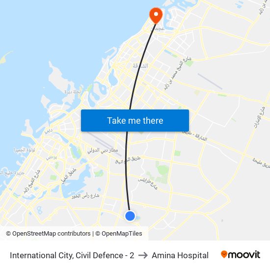 International City, Civil Defence - 2 to Amina Hospital map