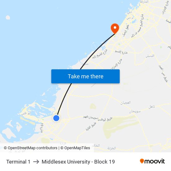 Terminal 1 to Middlesex University - Block 19 map