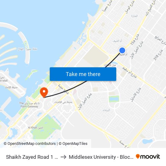 Shaikh Zayed  Road 1 - 02 to Middlesex University - Block 19 map