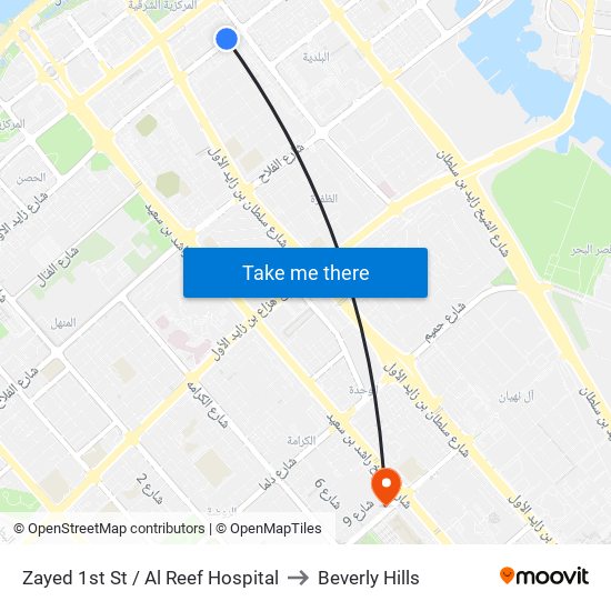 Zayed 1st St / Al Reef Hospital to Beverly Hills map