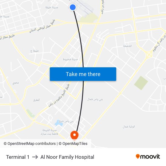 Terminal 1 to Al Noor Family Hospital map