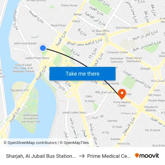 Sharjah, Al Jubail Bus Station - 01 to Prime Medical Center map