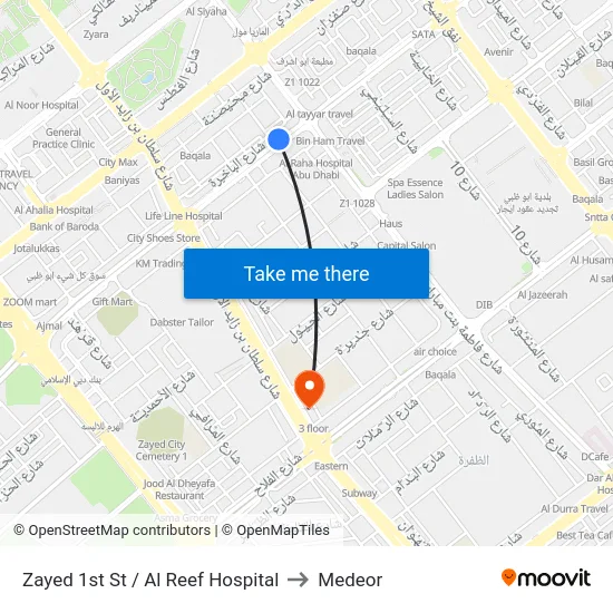 Zayed 1st St / Al Reef Hospital to Medeor map