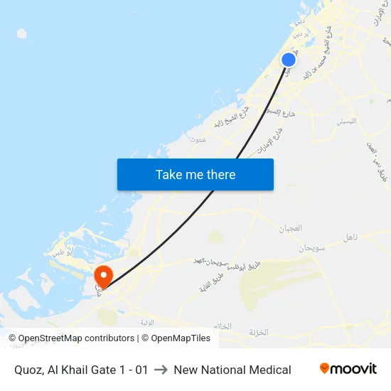 Quoz, Al Khail Gate 1 - 01 to New National Medical map