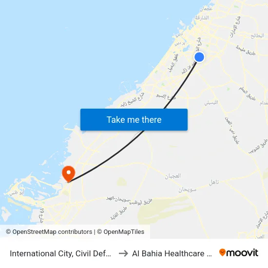 International City, Civil Defence - 1 to Al Bahia Healthcare Center map