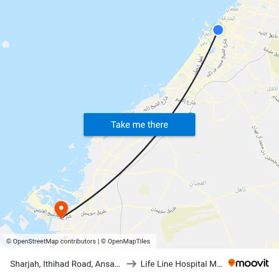 Sharjah, Ittihad Road, Ansar Mall - 02 to Life Line Hospital Musaffah map