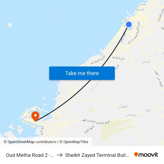 Oud Metha Road 2 - 01 to Sheikh Zayed Terminal Building map