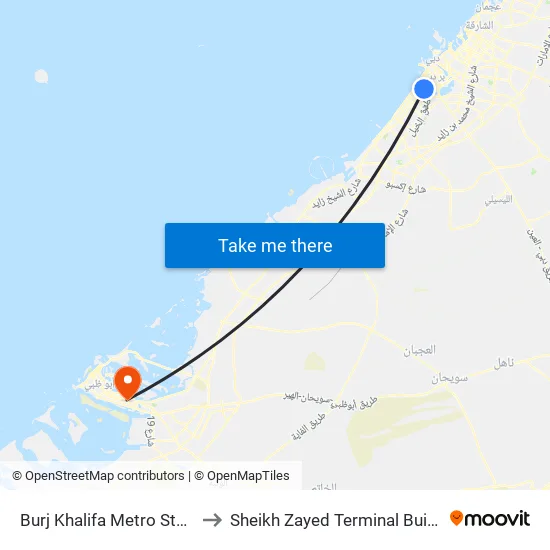 Burj Khalifa Metro Station to Sheikh Zayed Terminal Building map
