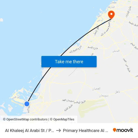 Al Khaleej Al Arabi St / Police Check Point to Primary Healthcare Al Muhaisnah Center map