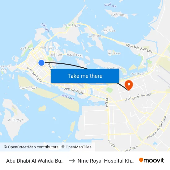 Abu Dhabi Al Wahda Bus Station to NMC Royal Hospital Khalifa City map