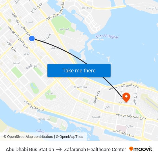 Abu Dhabi Bus Station to Zafaranah Healthcare Center map