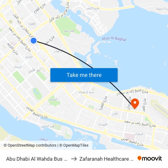 Abu Dhabi Al Wahda Bus Station to Zafaranah Healthcare Center map