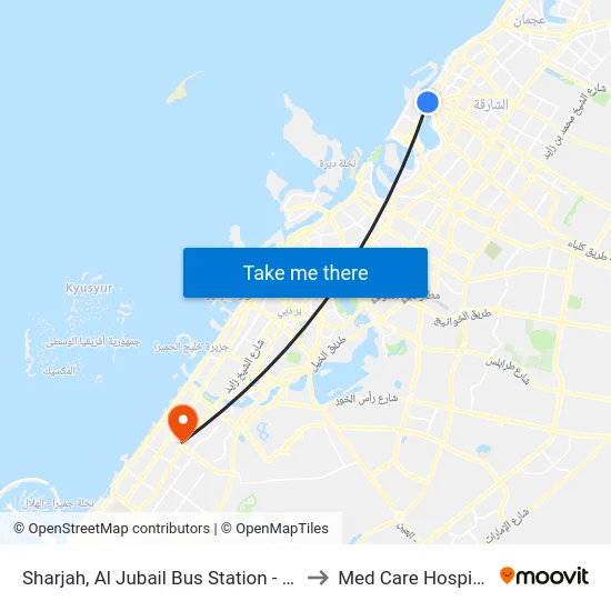 Sharjah, Al Jubail Bus Station - 01 to Med Care Hospital map