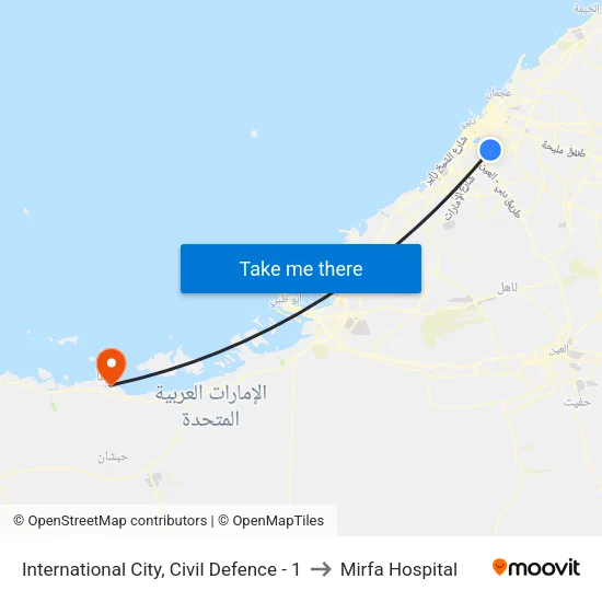 International City, Civil Defence - 1 to Mirfa Hospital map